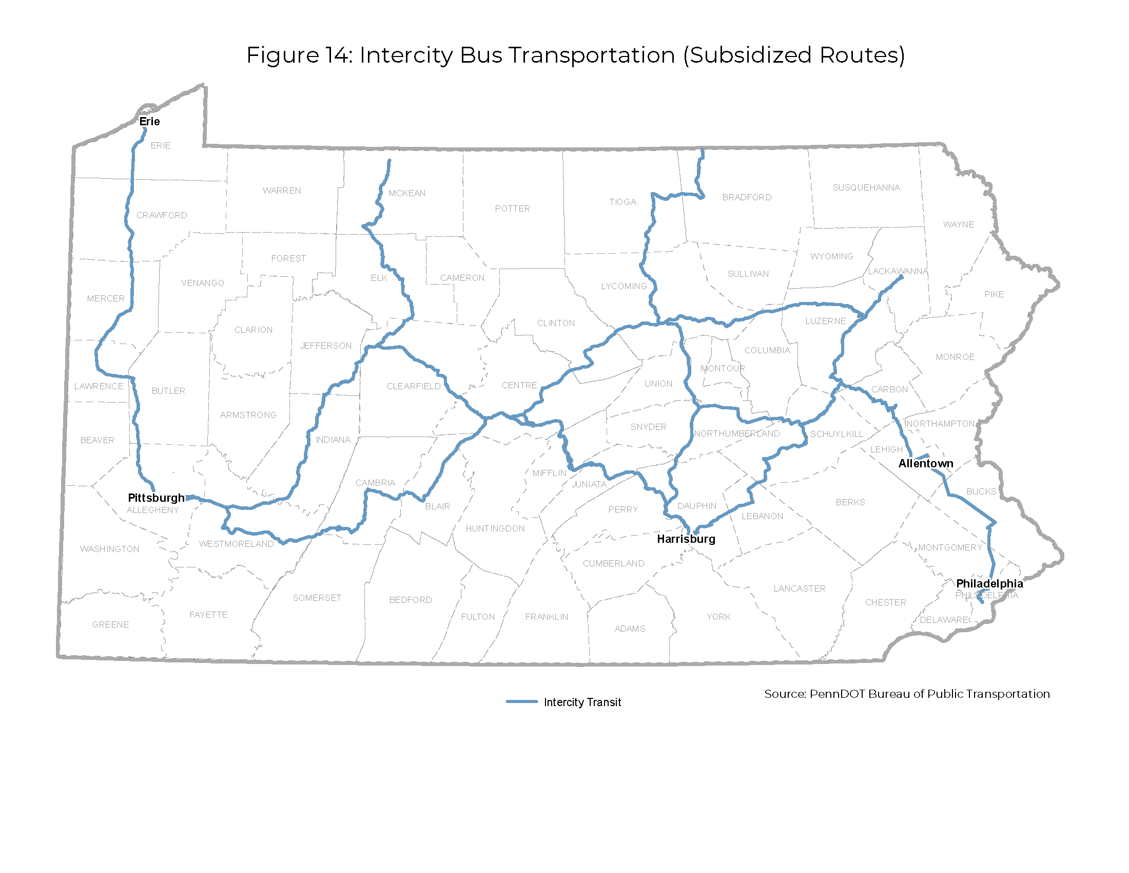 A map of Pennsylvania illustrating the intercity transit routes from Erie, Pittsburgh, Harrisburg, Allentown, and Philadelphia. 
